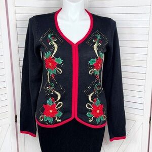 Vtg 90s Dress Barn Embroidered Beaded Poinsettia Christmas Sweater Black Large